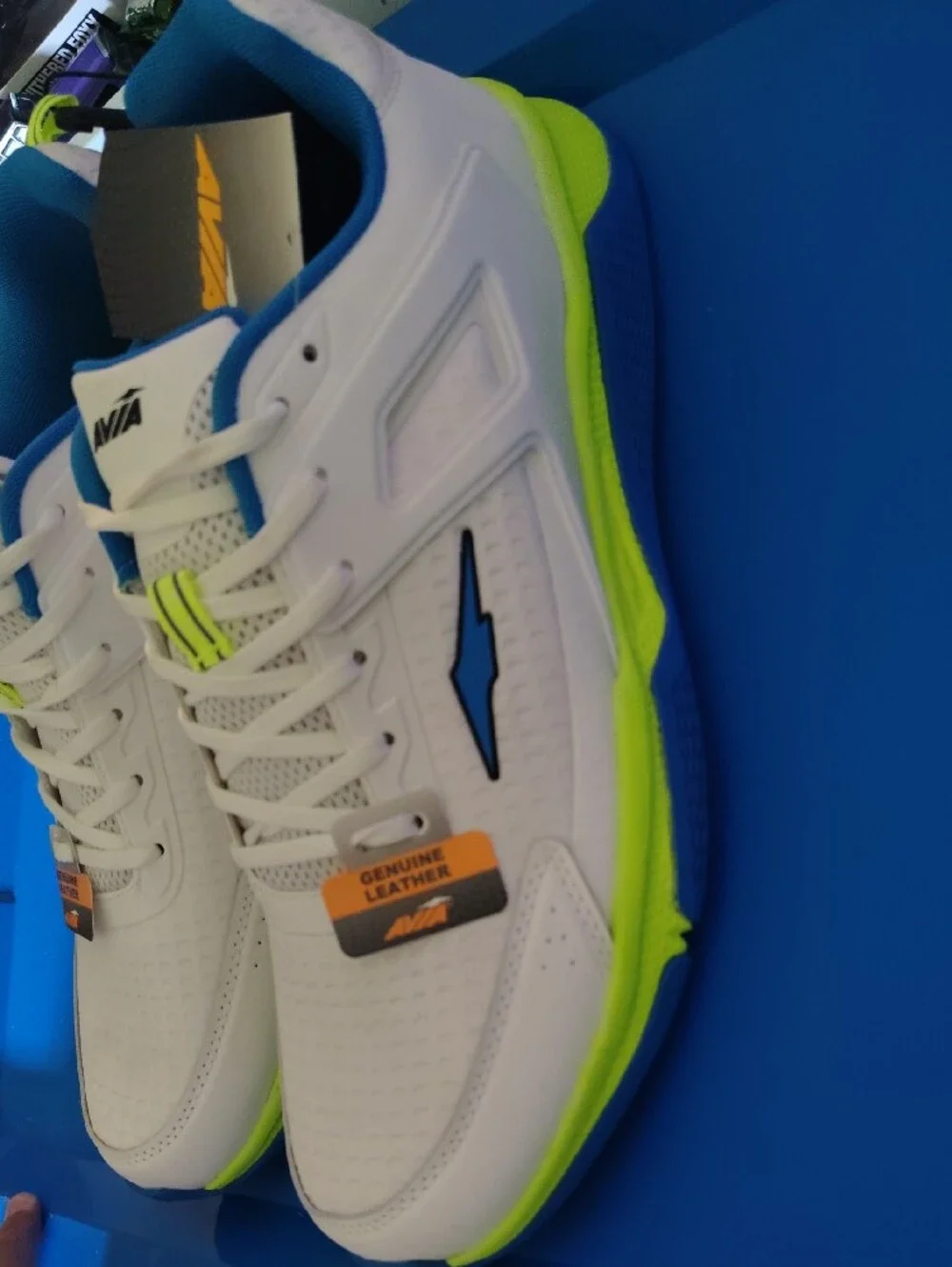 Avia White Sneakers with Blue Lining and Neon Lime Details